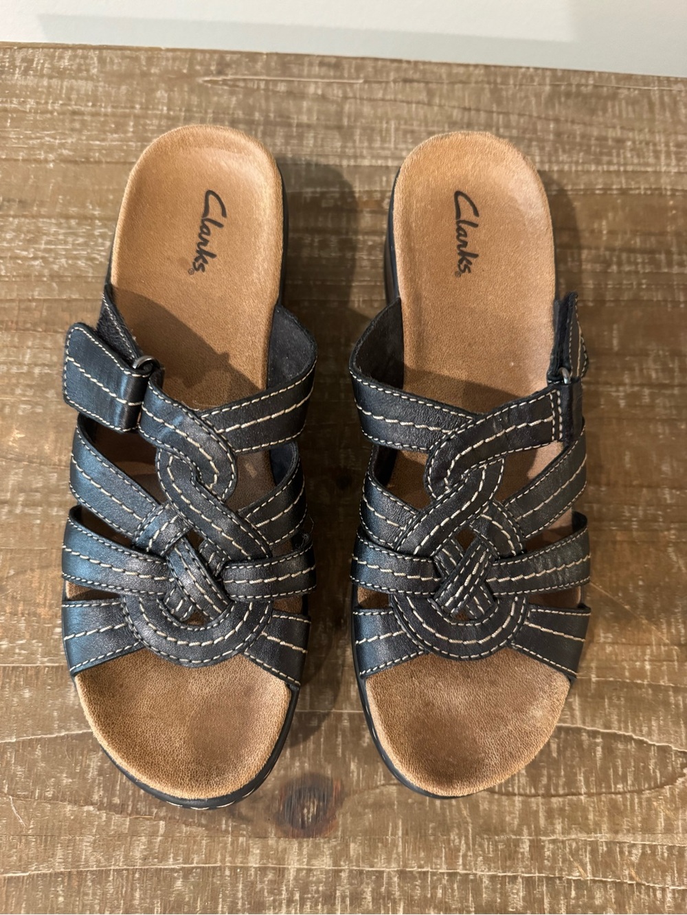 Clarks Women's Black Leather Strappy Slide Sandals